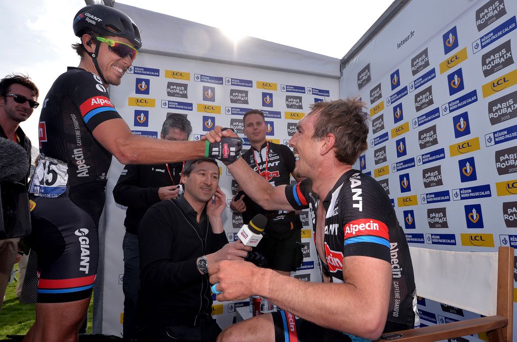 Koen de Kort congratulates John Degenkolb on his 2015 Paris-Roubaix victory