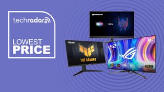 Three gaming monitors on a purple background with white lowest price text