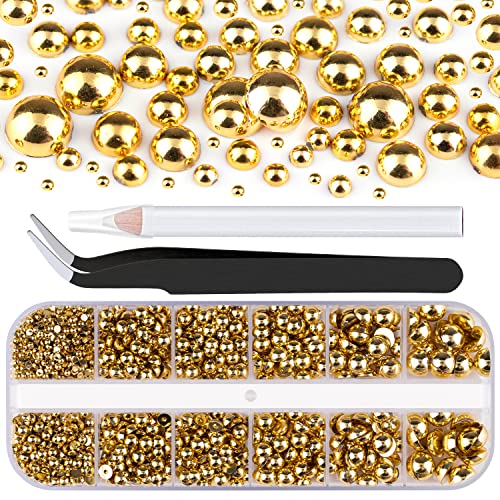 Belleboost Gold Nail Charms and Gems, Half Round Flatback Pearl Nail Charms, Nail Pearls Rhinestones Kit Gold Beads for Nails With Pickup Pencil and Tweezer for Diy Nail Art, Face Makeup and Crafting