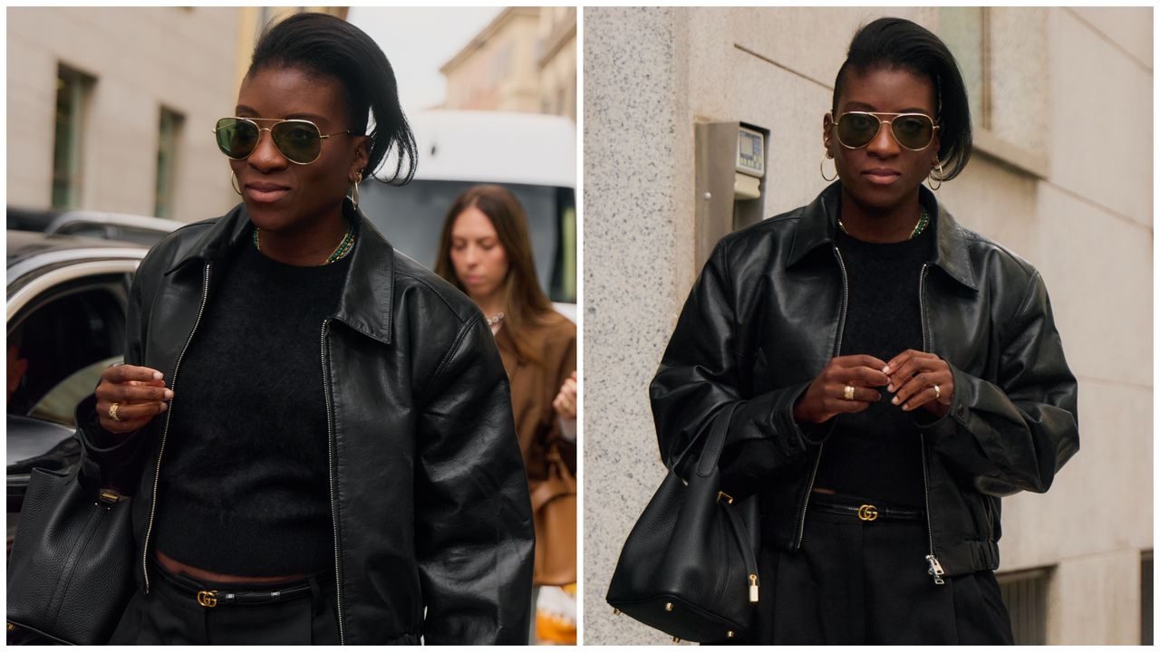 Nikki Ogunnaike wearing a black T-shirt and a leather jacket 