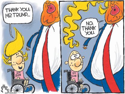 Political cartoon U.S. Trump money St. Jude's