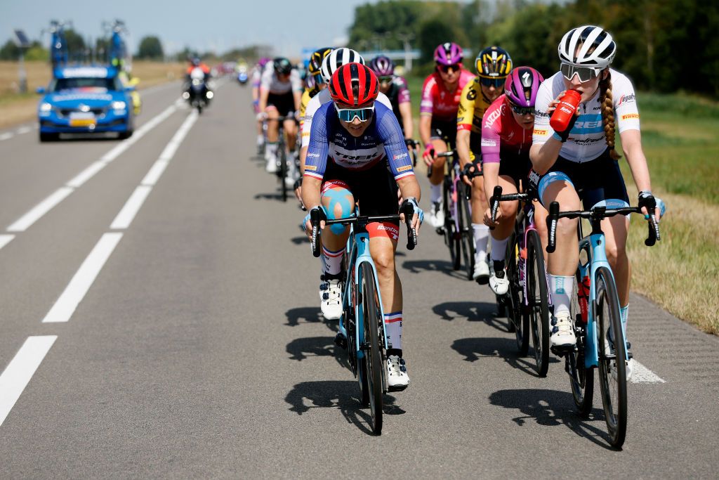 LELYSTAD NETHERLANDS AUGUST 30 LR Audrey CordonRagot of France and Elynor Backstedt of United Kingdom and Team Trek Segafredo compete during the 25th Simac Ladies Tour 2022 Stage 1 a 1412km stage from Lelystad to Lelystad SLT2022 UCIWWT on August 30 2022 in Lelystad Netherlands Photo by Bas CzerwinskiGetty Images