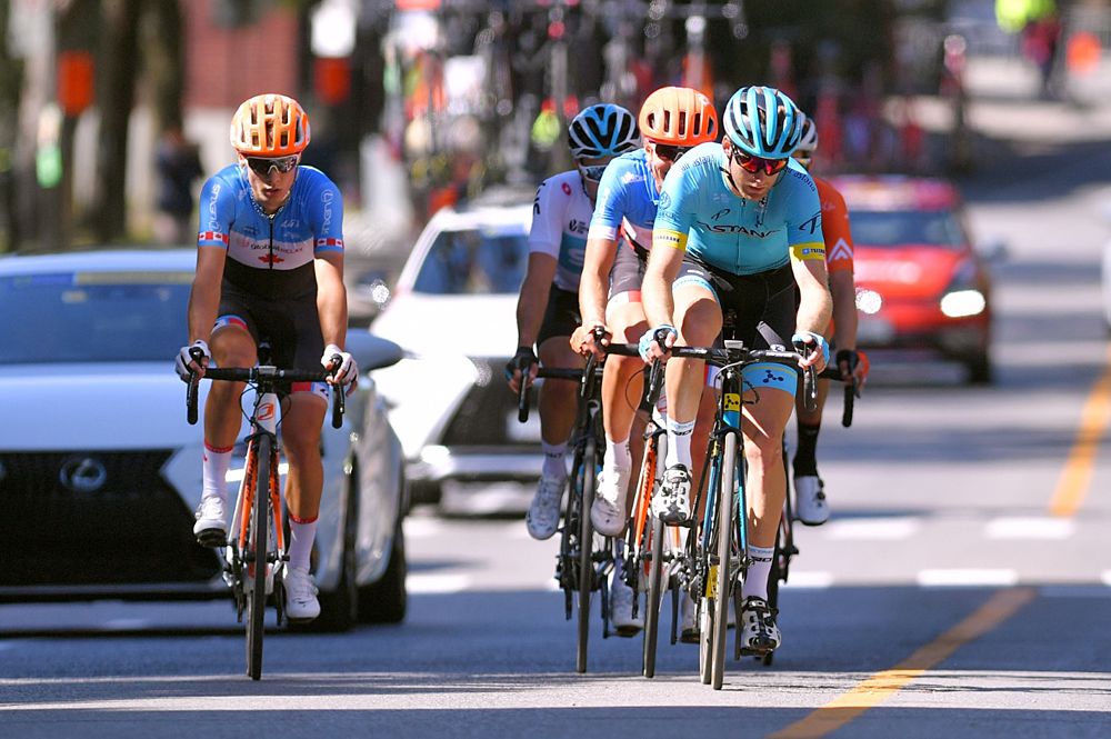 Owain Doull (Team Sky), Hugo Houle (Team Astana), Nigel Ellsay (Rally Cycling), Adam Roberge (Canada) and Charles-Etienne Chretien (Canada) were the breakaway of the day at Grand Prix Cycliste de Montreal
