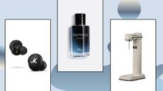 product images of Marshall headphones, Dior Sauvage eau de parfum and the Aarke Carbonator on a blue patterned background