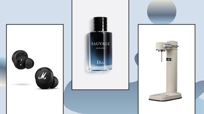 product images of Marshall headphones, Dior Sauvage eau de parfum and the Aarke Carbonator on a blue patterned background