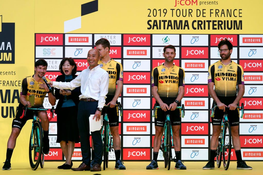 Riders do karate and football-darts before the 2019 Saitama Tour de France criterium