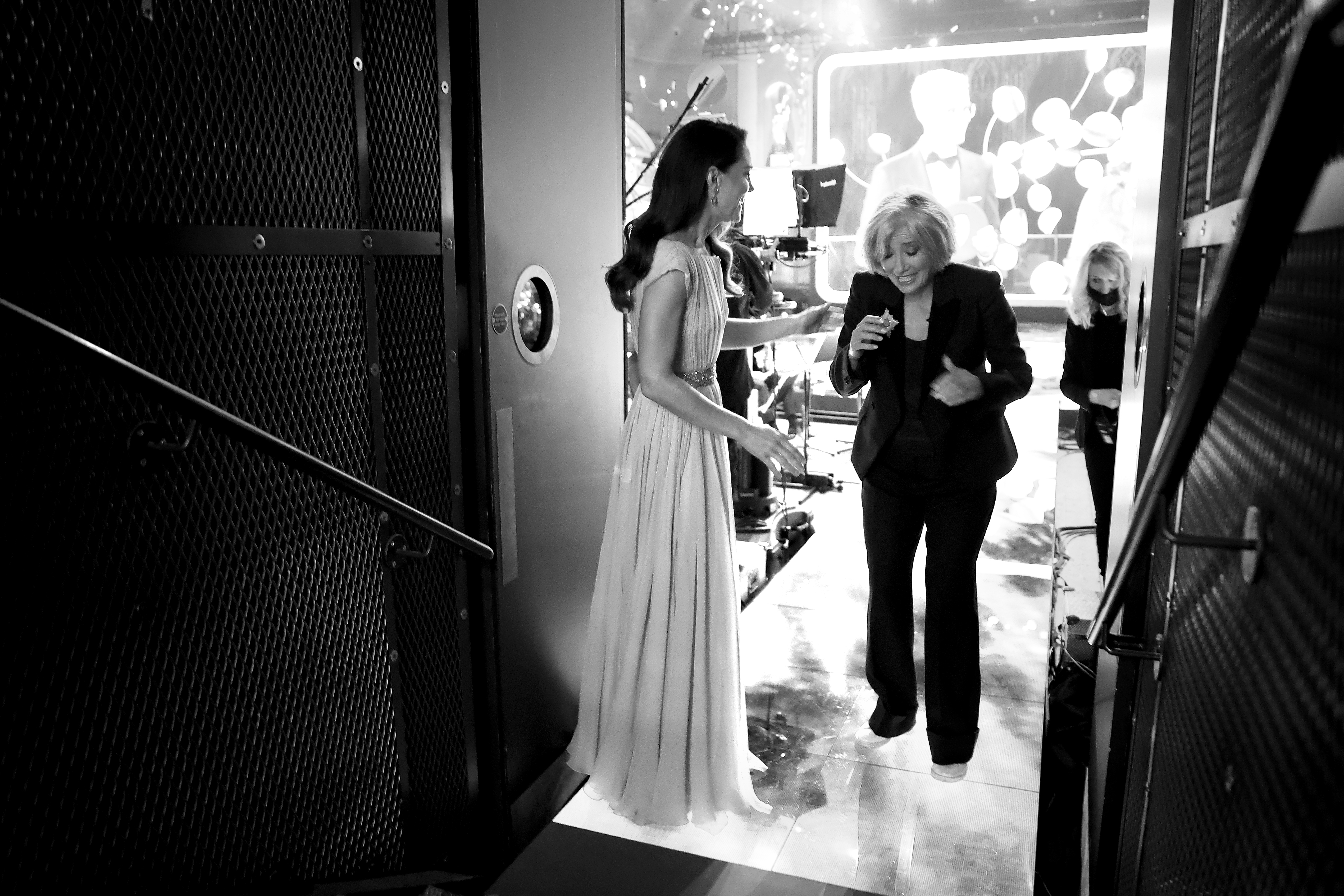 In this exclusive image released on October 21, 2021, Catherine, Duchess of Cambridge and Emma Thompson are seen together backstage during the Earthshot Prize 2021 at Alexandra Palace on October 17, 2021 in London, England.