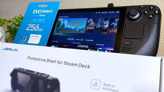 Steam Deck accessories including JSAUX protective shell and Samsung EVO Select microSD card