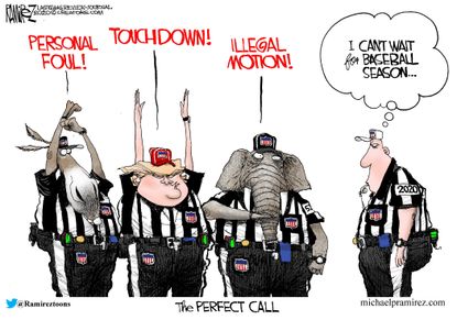 Political Cartoon U.S. GOP Democrats Trump referees impeachment trial