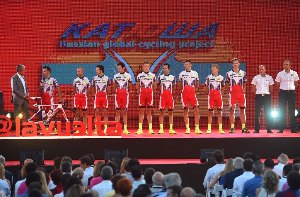 Team Katusha are presented to the crowd
