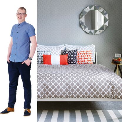 bedroom with grey wall cushions and wall mirror