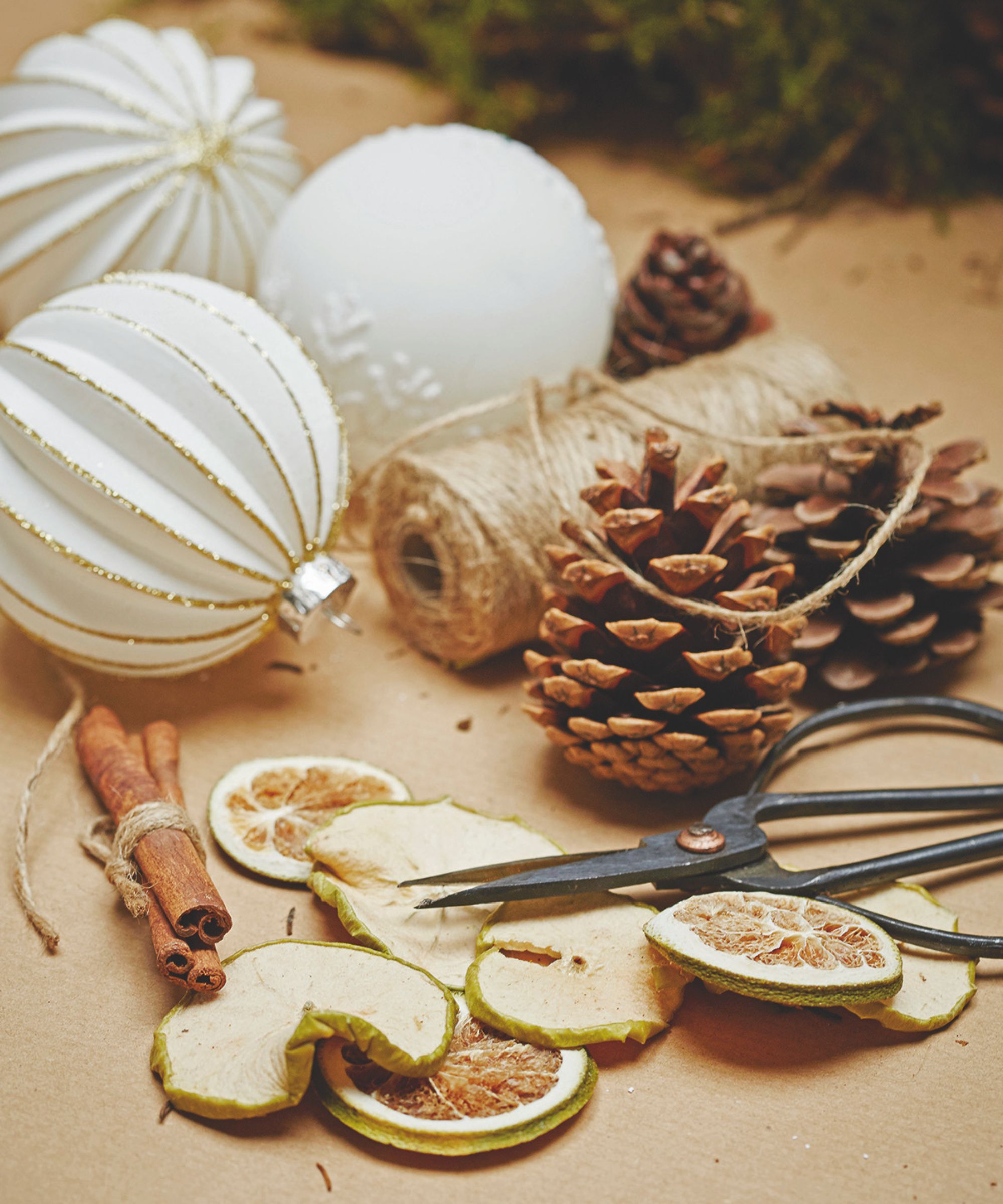 White Christmas ornaments with dried fruit slices, twine and pinecones