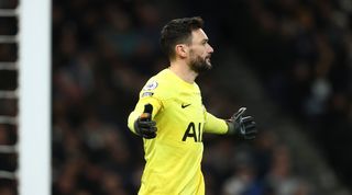 Tottenham&#039;s Hugo Lloris reacts after scoring an own goal against Arsenal in the north London derby in January 2023.