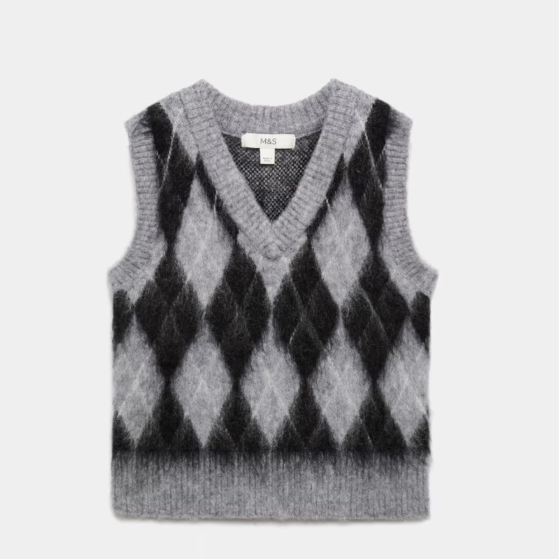 M&amp;amp;S, Brushed Argyle Knitted Vest with Mohair