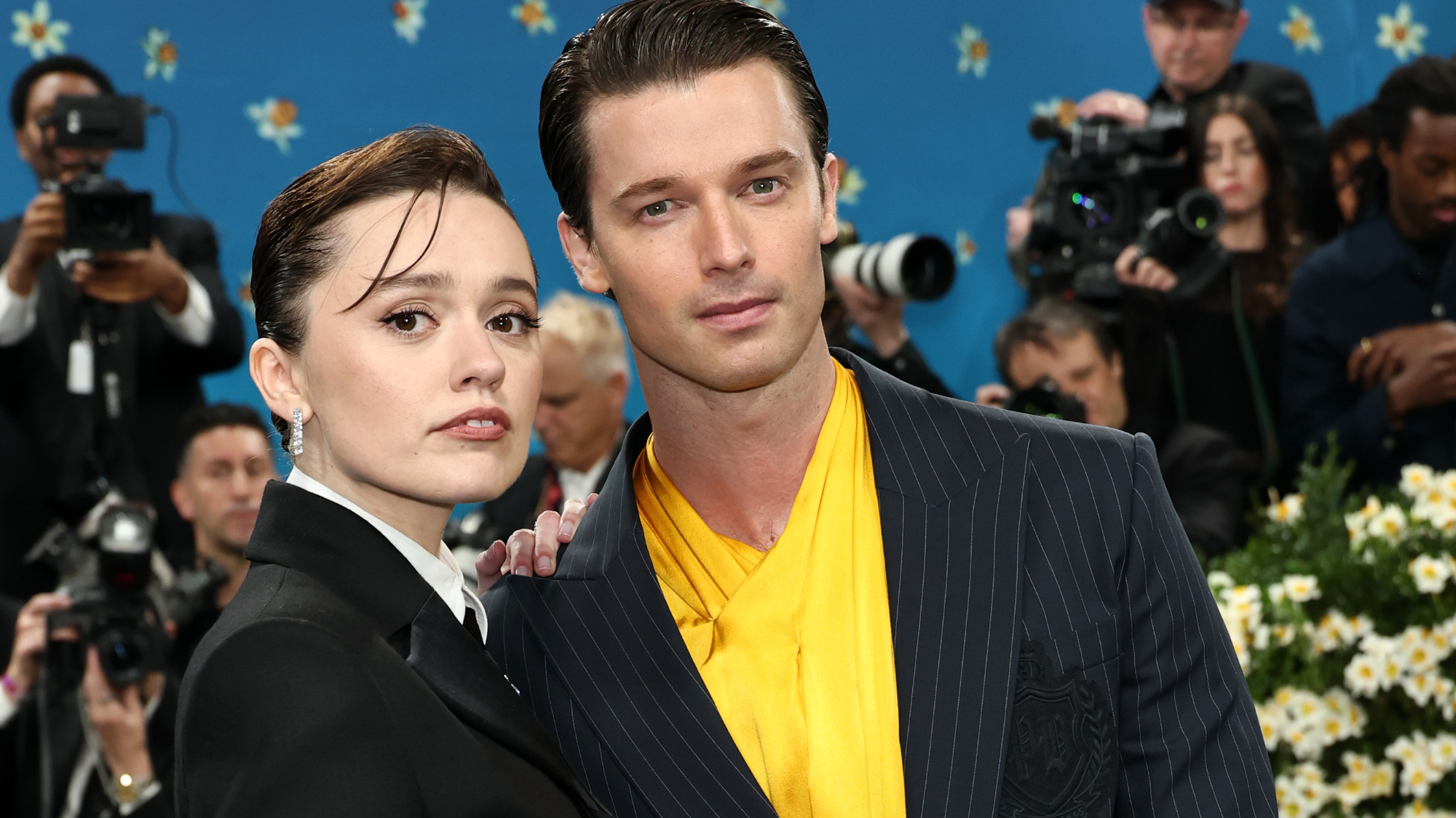 Aimee Lou Wood and Patrick Schwarzenegger attend the 2025 Met Gala Celebrating "Superfine: Tailoring Black Style" at Metropolitan Museum of Art on May 05, 2025 in New York City
