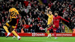 Mo Salah of Liverpool scores his team's second goal during the FA Cup third round match between Liverpool and Wolverhampton Wanderers on 7 January, 2023 at Anfield in Liverpool, United Kingdom.