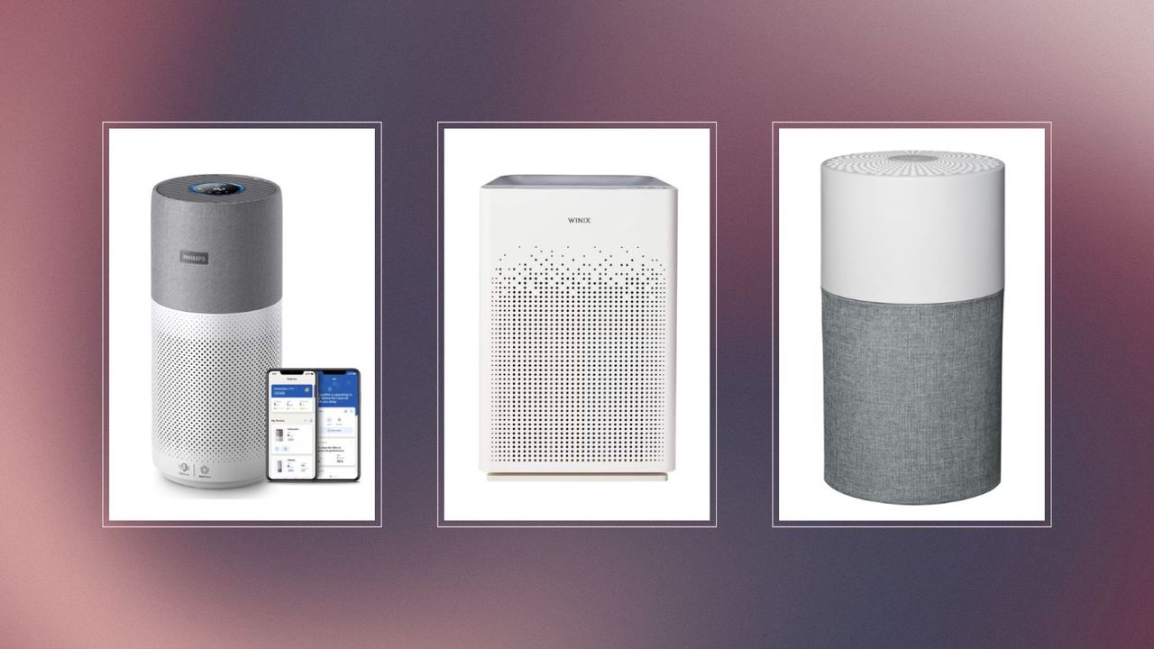 a collage image showing three of the best air purifiers in w&amp;h&#039;s expert guide