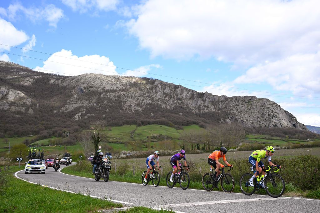 ALTSASU SPAIN APRIL 03 LR Alan Jousseaume of France and Team TotalEnergies Eric Antonio Fagundez of Urugay and Team Burgos BH James Fouche of New Zealand and Team Euskaltel Euskadi and Tom Paquot of Belgium and Team Intermarche Wanty compete in the breakaway during the 63rd Itzulia Basque Country 2024 Stage 3 a 1909km stage from Ezpeleta to Altsasu 526m UCIWT on April 03 2024 in Altsasu Spain Photo by Tim de WaeleGetty Images