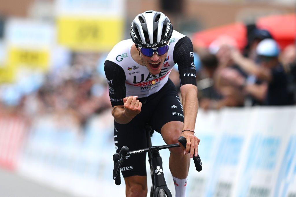 LA PUNT SWITZERLAND JUNE 15 Juan Ayuso of Spain and UAE Team Emirates celebrates at finish line as stage winner during the 86th Tour de Suisse 2023 Stage 5 a 211km stage from Fiesch to La Punt 1696m UCIWT on June 15 2023 in La Punt Switzerland Photo by Dario BelingheriGetty Images