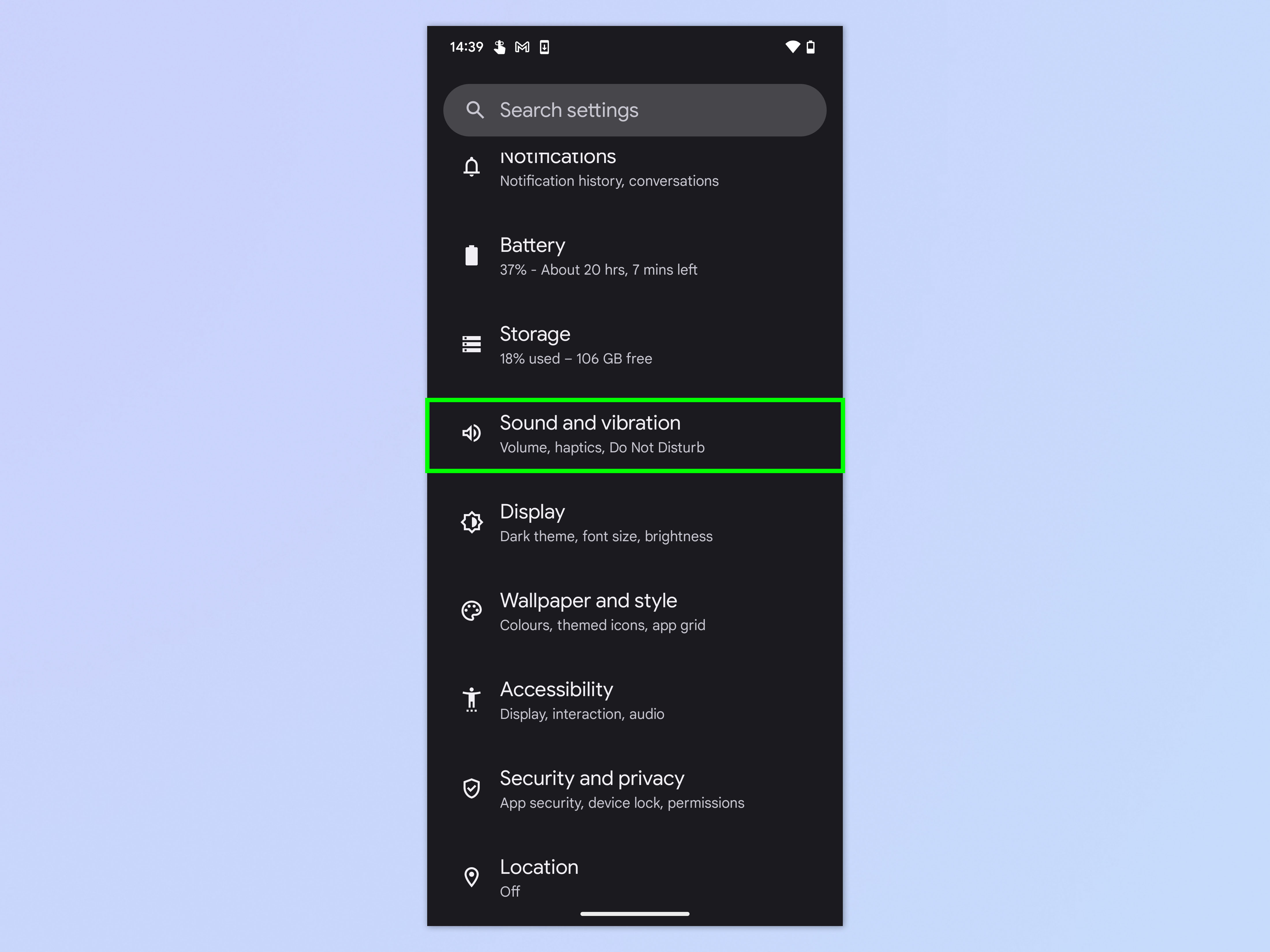 Скриншот, показывающий, как изменить звуки уведомлений на Android