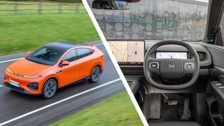 The Xpeng G6 car on the road next to an image of the interior and steering wheel