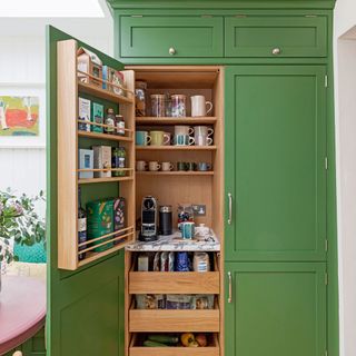 breakfast pantry in green kitchen full height larder cupboard