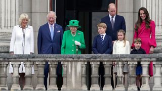 Camilla, Duchess of Cornwall, Prince Charles, Prince of Wales, Queen Elizabeth II, Prince George of Cambridge, Prince William, Duke of Cambridge, Princess Charlotte of Cambridge, Prince Louis of Cambridge and Catherine, Duchess of Cambridge stand on the balcony of Buckingham Palace