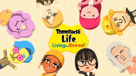 A screenshot of eight Miis waving in front of the logo for Tomodachi Life: Living the Dream. 