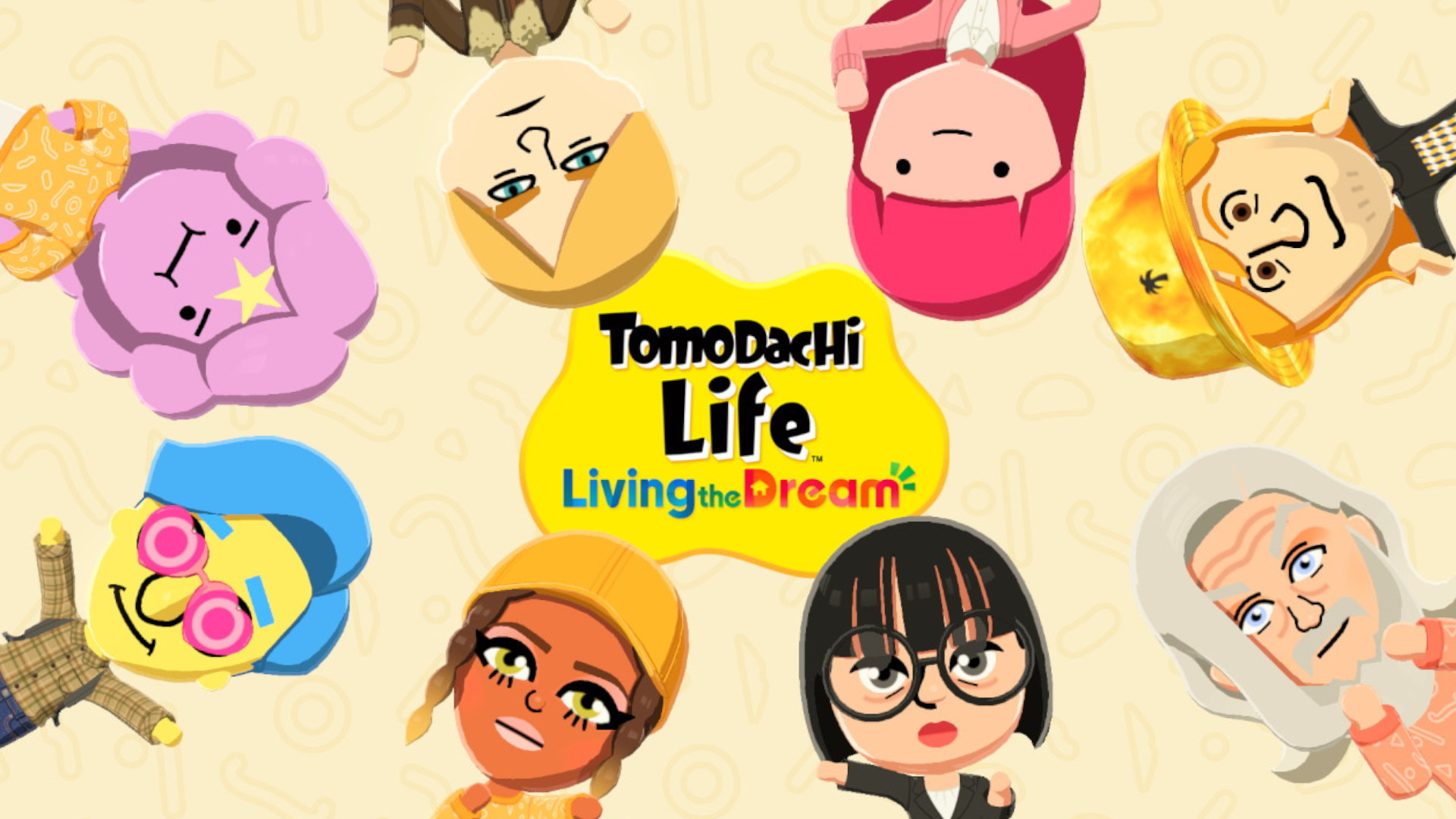 A screenshot of eight Miis waving in front of the logo for Tomodachi Life: Living the Dream. 
