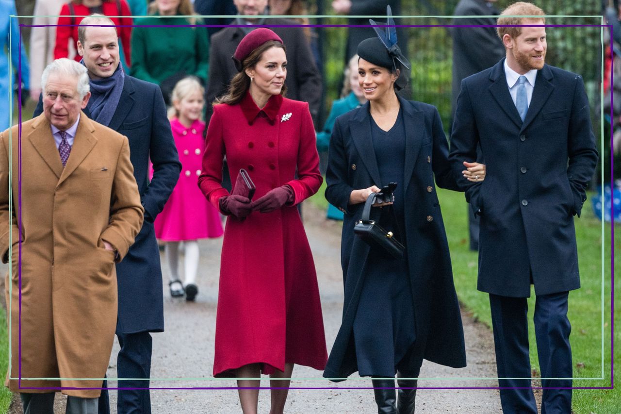 Prince Charles, Prince of Wales, Prince William, Duke of Cambridge, Catherine, Duchess of Cambridge, Meghan, Duchess of Sussex and Prince Harry, Duke of Sussex attend Christmas Day Church service