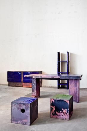 From left: Leather vessels and chair by Simon Hassan and Baked Copper and Enamel tables, cubes and cabinet by Kwangho Lee