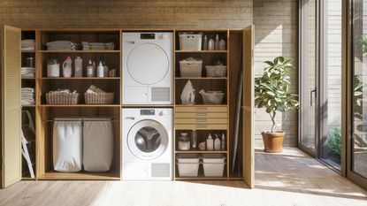 Laundry room with built in closets housing washer dryer stacked vertically and nearly organized shelves with baskets of cleaning products and drawers as well as hampers