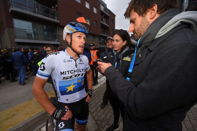 European road race champion Matteo Trentin (Mitchelton-Scott) talks to Cyclingnews at the 2019 Omloop Het Nieuwsblad