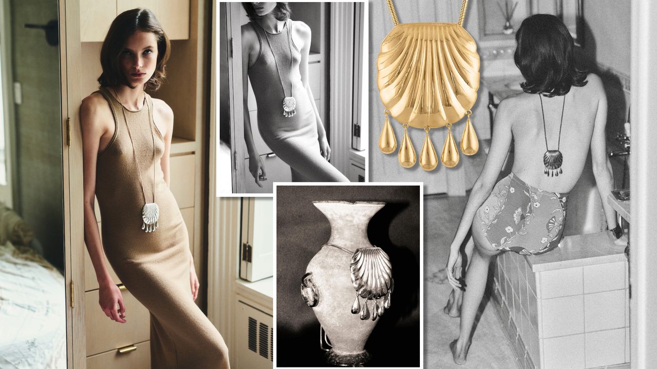 A collage of the Juju Vera Petra Shell Pendant Necklace