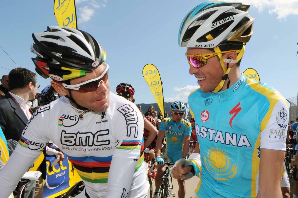 Cadel Evans and Alberto Contador at the first Criterium International in Corsica in 2010.