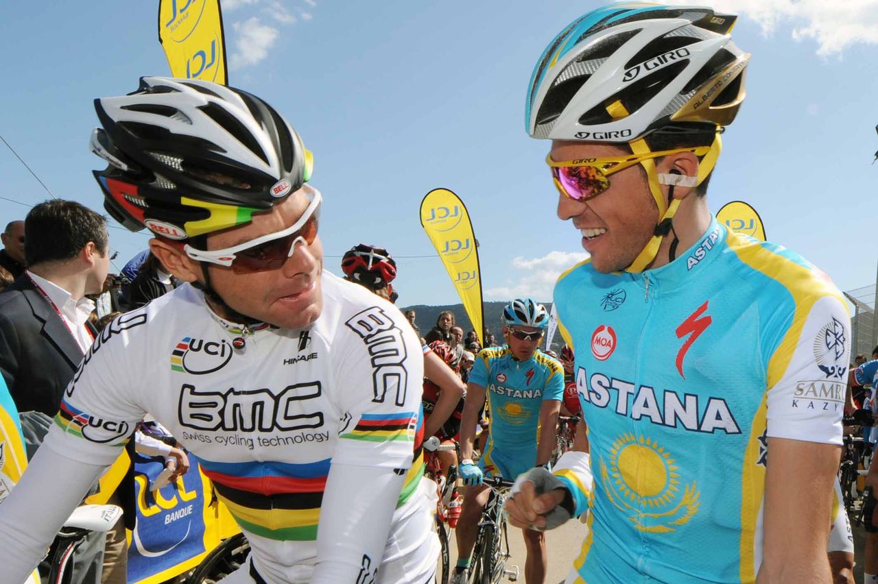 Cadel Evans and Alberto Contador at the first Criterium International in Corsica in 2010.