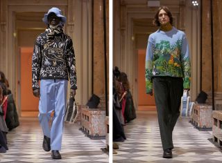 Left, model wears a graphic outline sweatshirt and blue chinos. Right, model wears knitted jungle jumper and brown trousers with a shearling bag.