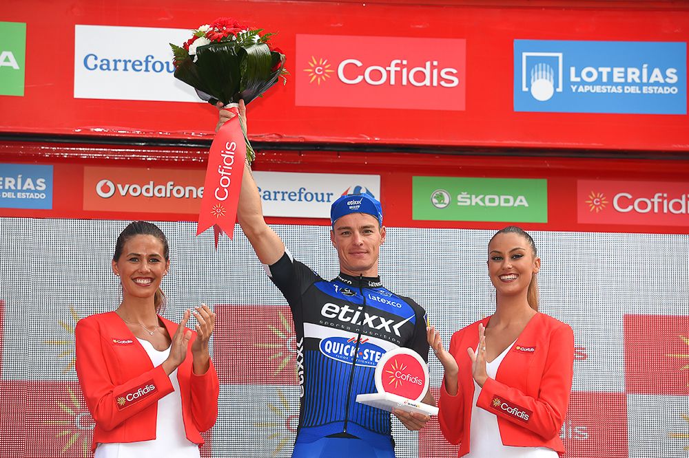 Gianni Meersman celebrates on the stage 5 podium.