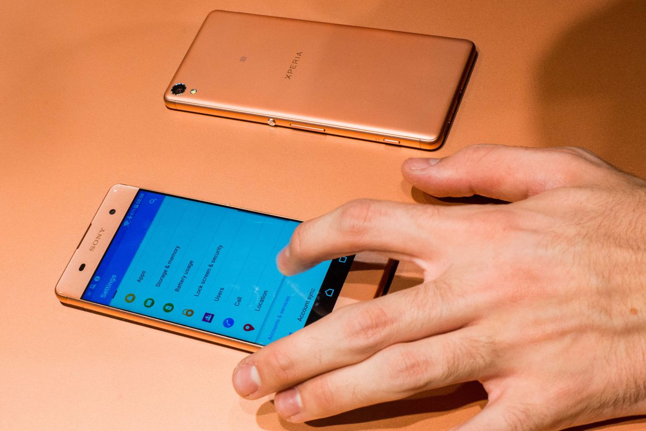 BARCELONA, SPAIN - FEBRUARY 22:A new Sony Xperia X device is seen on the opening day of the World Mobile Congress at the Fira Gran Via Complex on February 22, 2016 in Barcelona, Spain. The an