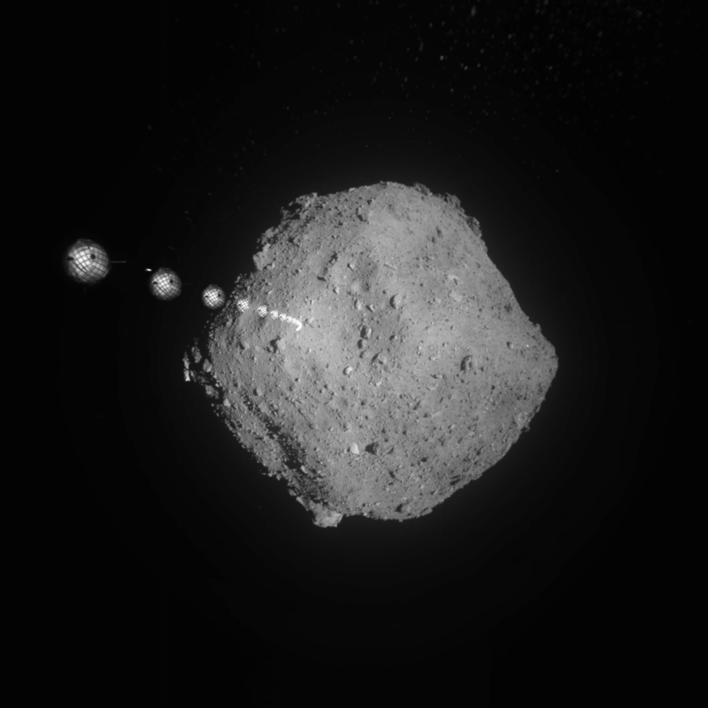 An image overlay shows one of Hayabusa2&#039;s target markers falling slowly to the surface of the asteroid Ryugu on Sept. 16, 2019.