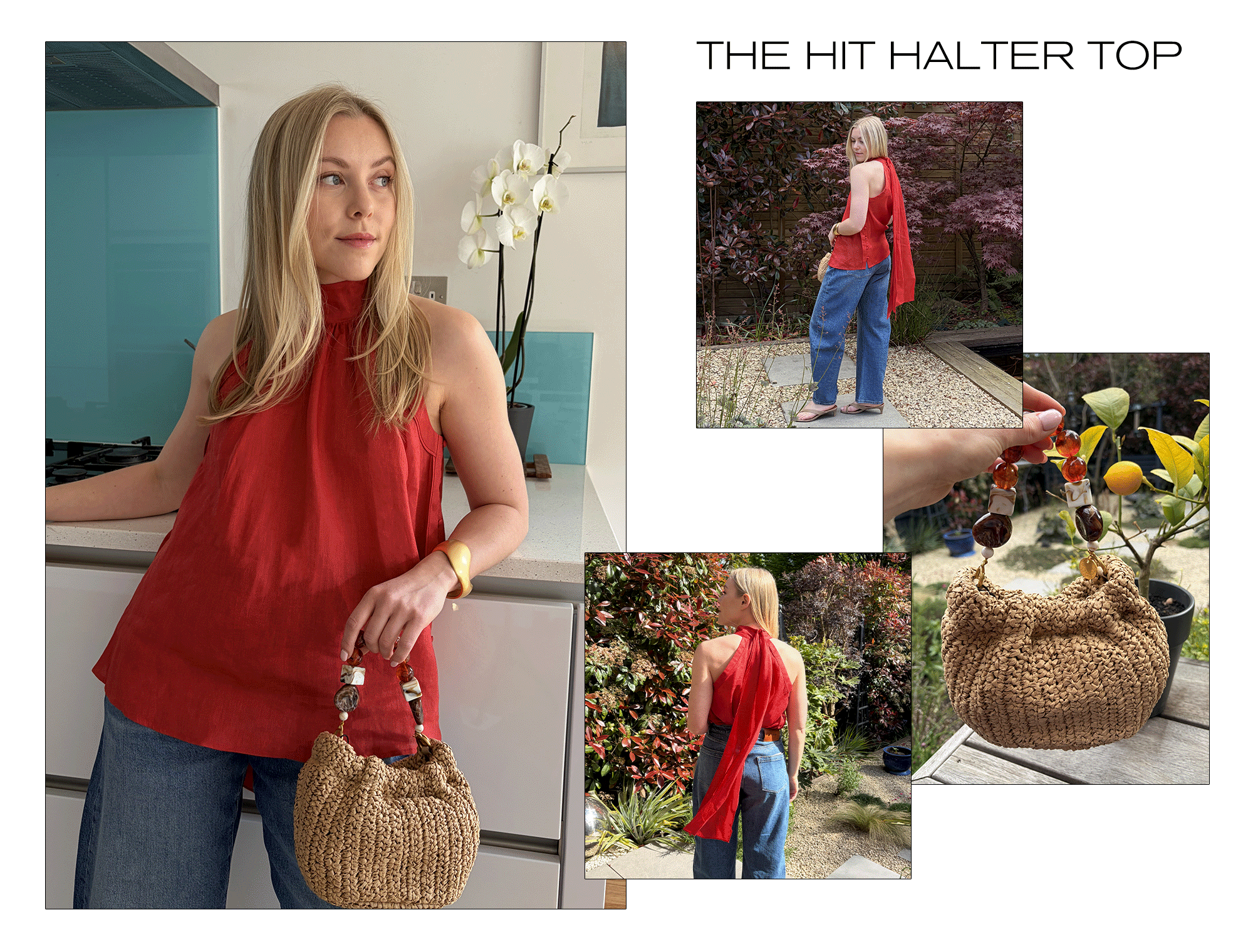 Woman wears red halterneck top, blue jeans, carries woven raffia bag