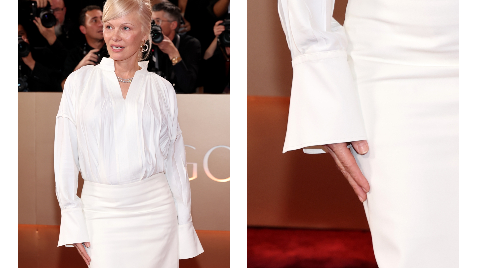 On the left, Pamela Anderson is pictured wearing a white shirt and skirt outfit, with her hair up and sporting a natural manicure at the 83rd Annual Golden Globe Awards at The Beverly Hilton on January 11, 2026 in Beverly Hills, California. And on the right is a close-up of the same picture, zoomed in on Pamela Anderson's hand to show her natural manicure.