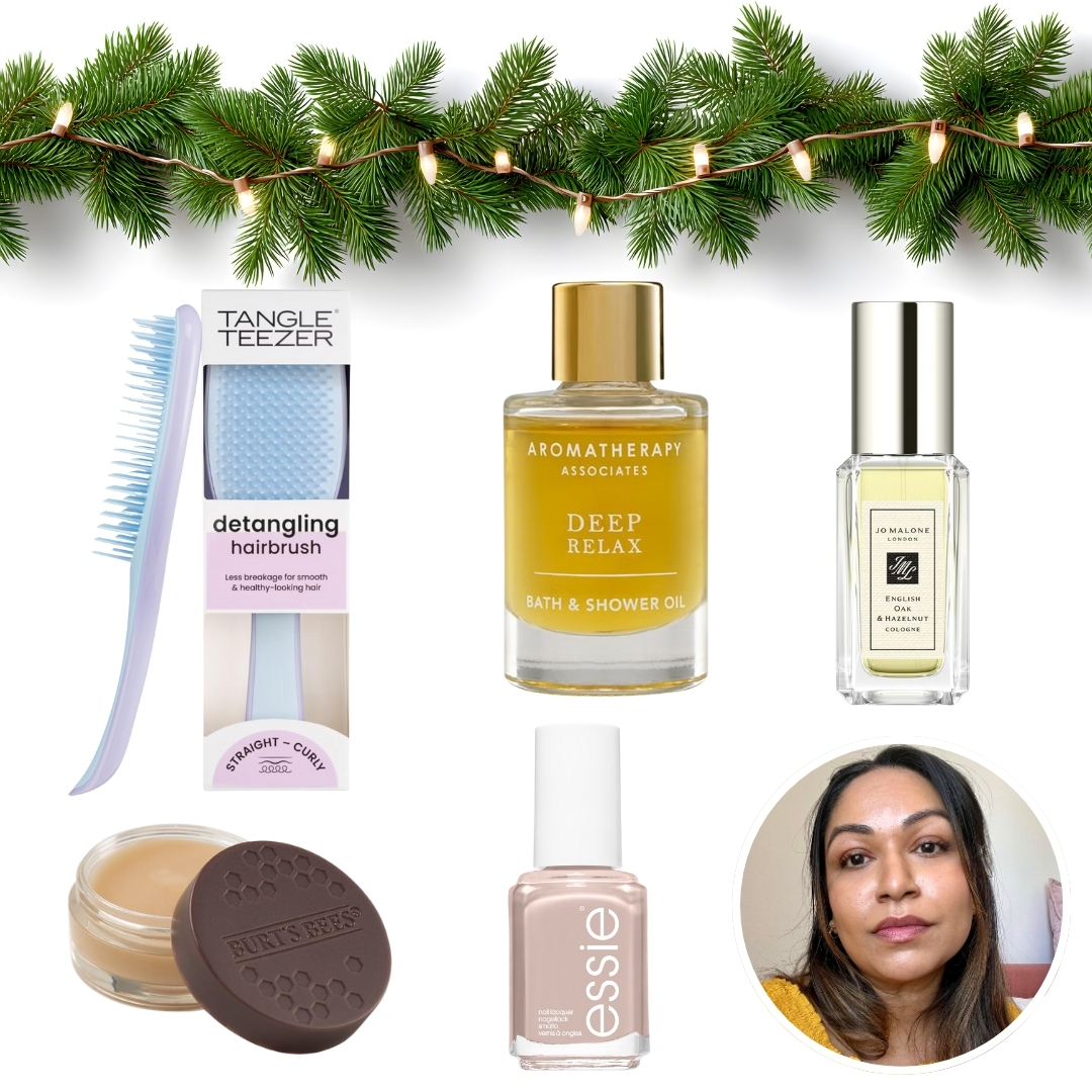 Green garland at top of image, a collage of beauty stocking fillers, with circular photo of Aleesha Badkar in bottom right