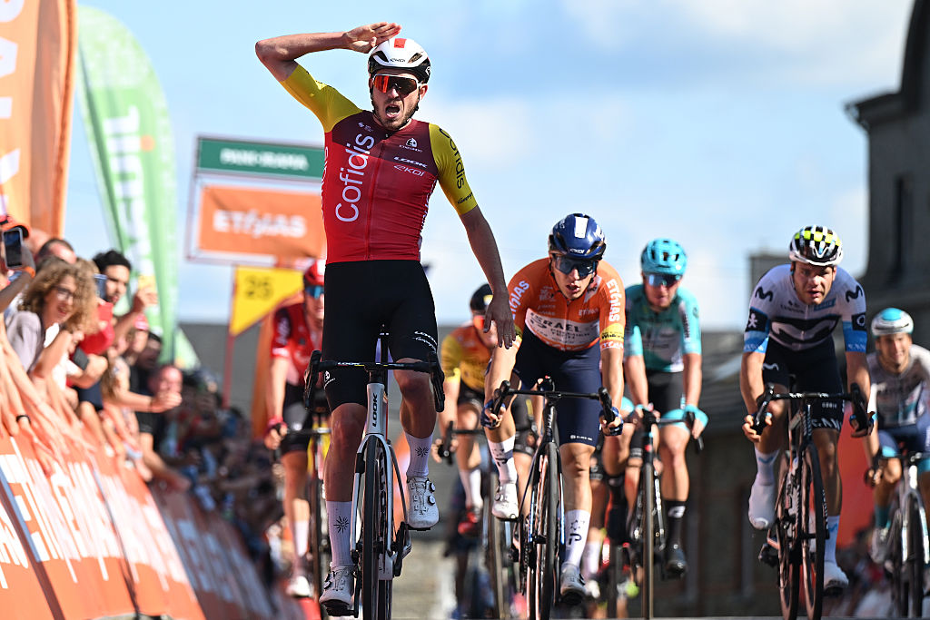 BERTRIX, BELGIUM - JULY 30: Clement Izquierdo of France and Team Cofidis celebrates at finish line as stage winner during the 46th Tour de Wallonie 2025, Stage 5 a 183.3km stage from Bertrix to Bertrix on July 30, 2025 in Bertrix, Belgium. (Photo by Luc Claessen/Getty Images)