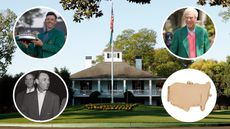 The Augusta National clubhouse and insets of Rory McIlroy, Ben Hogan and Ben Crenshaw in their green jackets as well as a gold locket