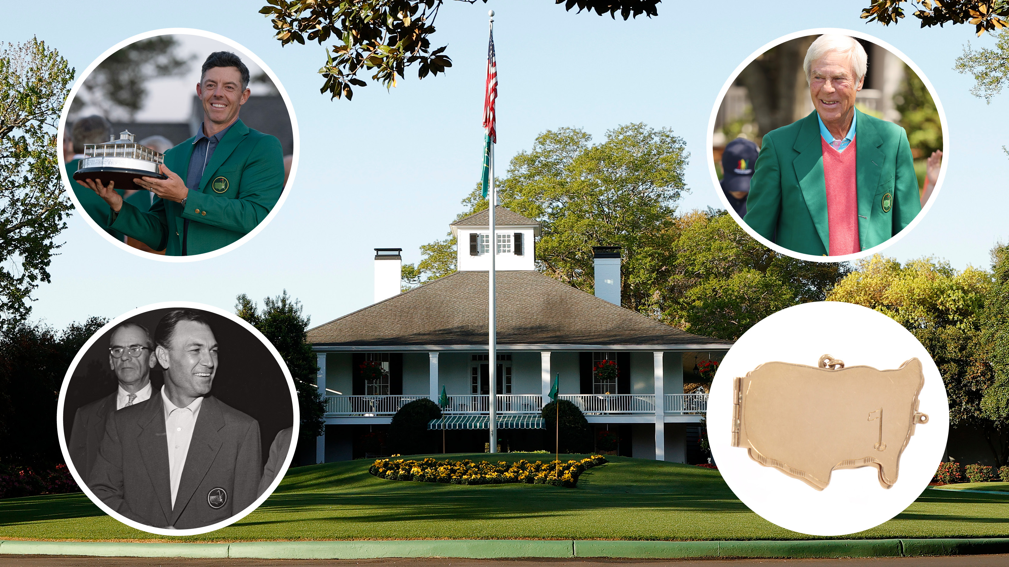 The Augusta National clubhouse and insets of Rory McIlroy, Ben Hogan and Ben Crenshaw in their green jackets as well as a gold locket