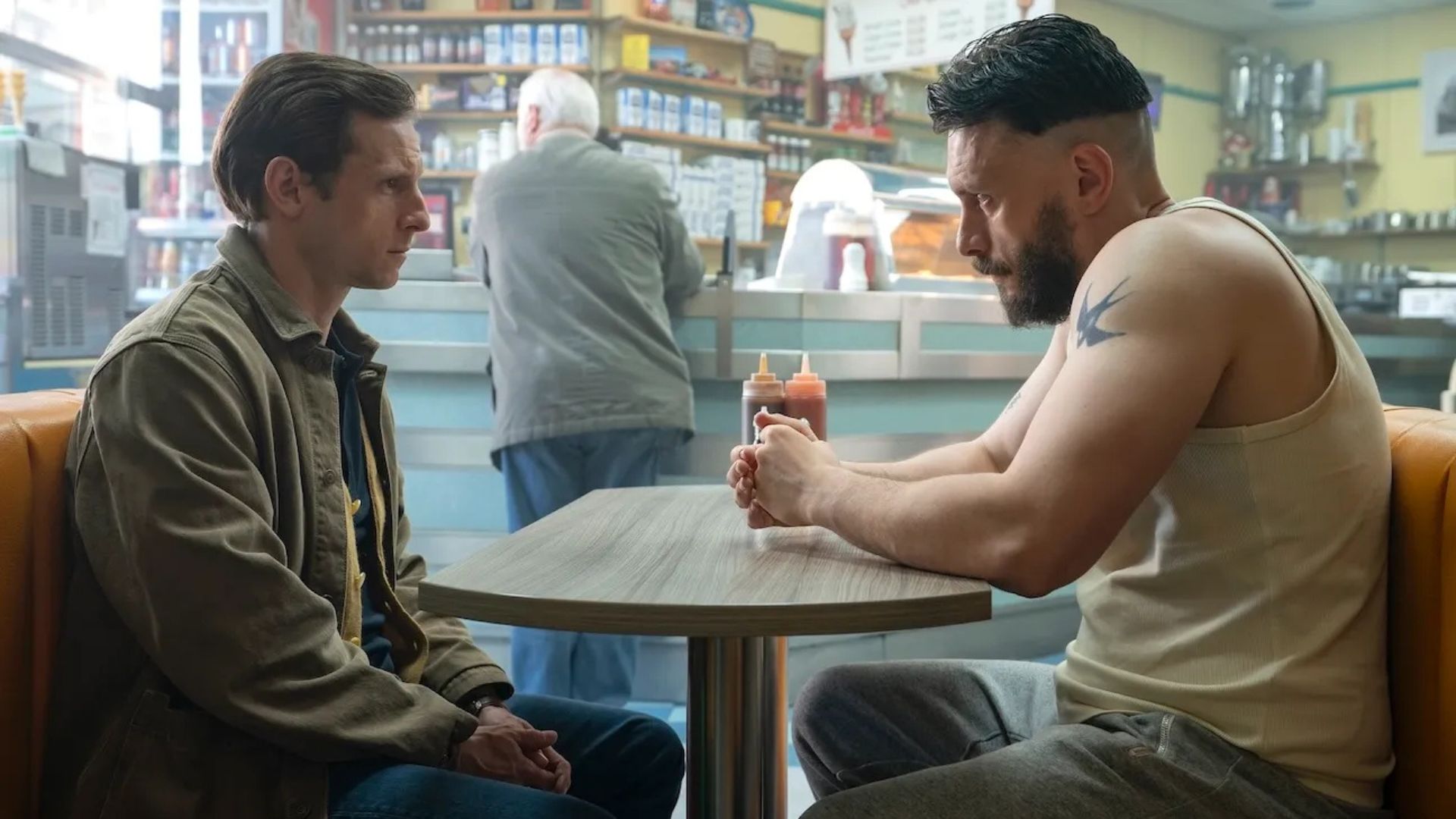 Jamie Bell and Richard Gadd talk across a diner table