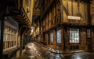 The Shambles street in York, at night