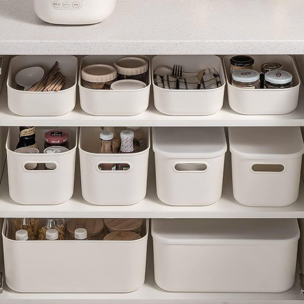 Set of 6 Storage Box, Stackable Basket With 4 Lids, Durable Plastic Storage Boxes With Handles for Desktop, Shelves, Closet, Bathroom, Kitchen, Livingroom