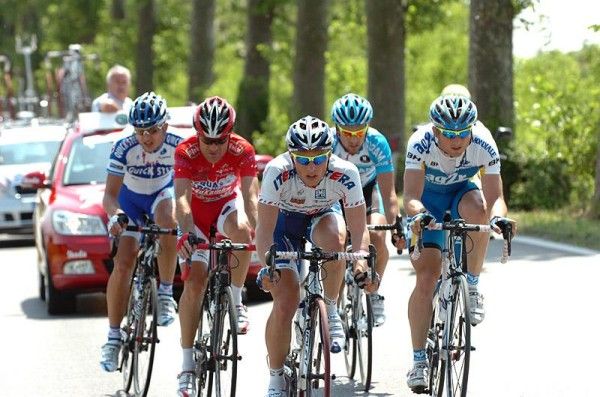 Five riders spent much of stage three in a break. (l-r) Mauro Facci (Quick Step), Giuseppe Palumbo (Acqua e Sapone), Michael Ignatiev (Katusha), Bj